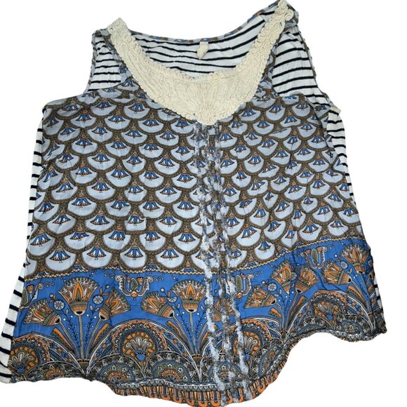 anthropologie TINY blue trompe l'oiel sleeveless multi tassel print… - Picture 1 of 5